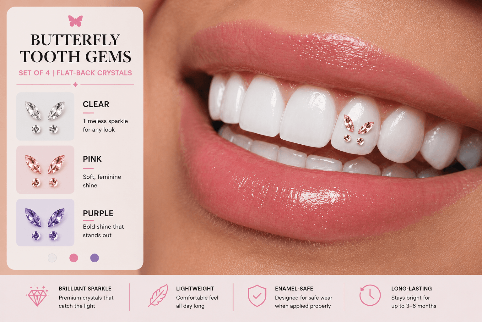 Butterfly tooth gem color options in clear pink and purple