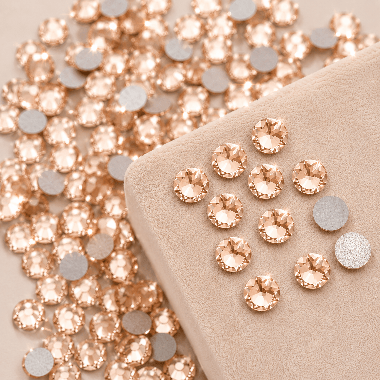Champagne light rose high-shine round crystal tooth gems on velvet pad for professional tooth jewelry application by LaserGlow