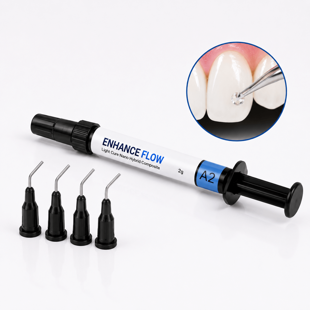 Clear light-cure composite used to secure tooth gems during professional application