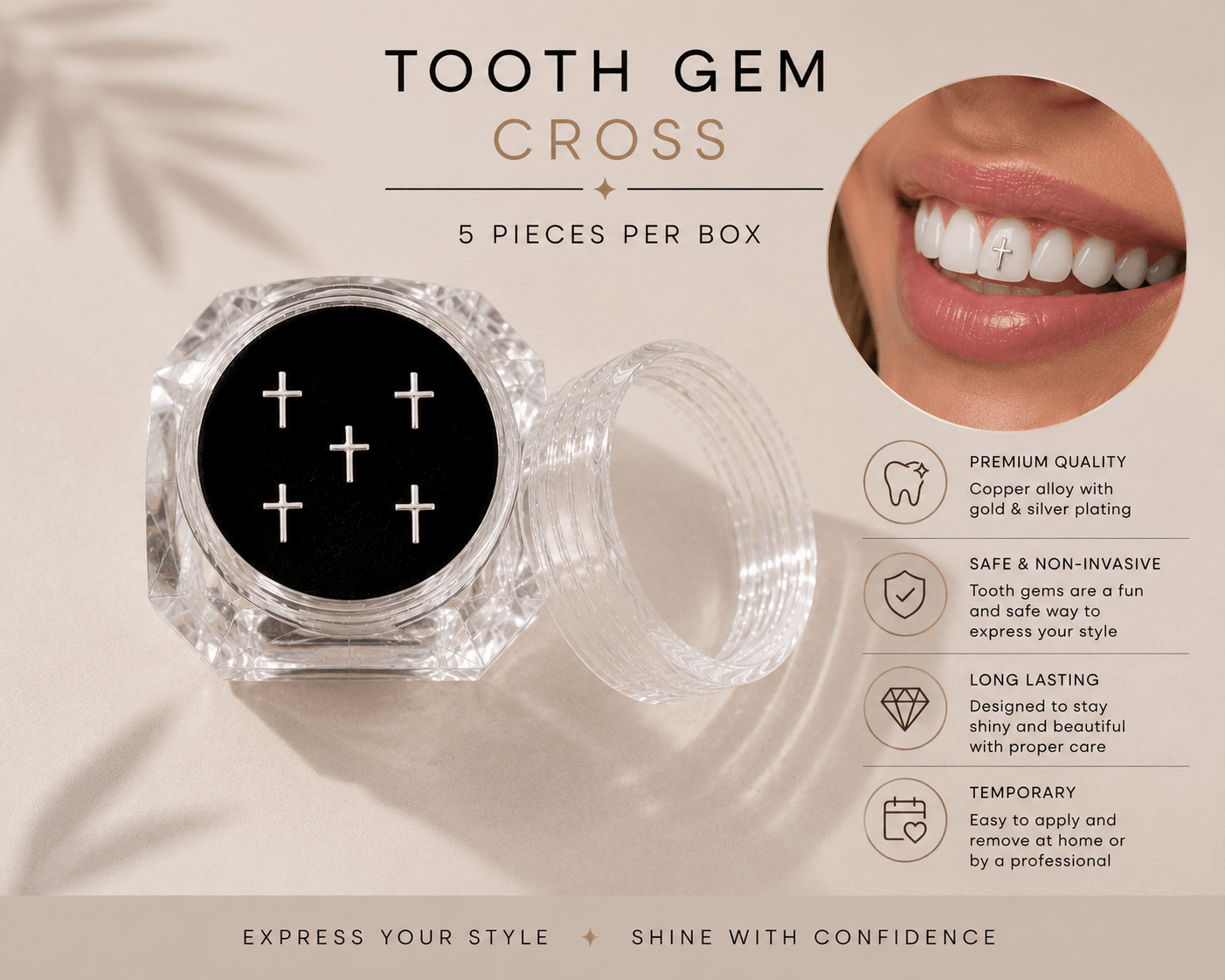 Cross tooth gem benefits infographic with round acrylic display case and silver plated tooth gems
