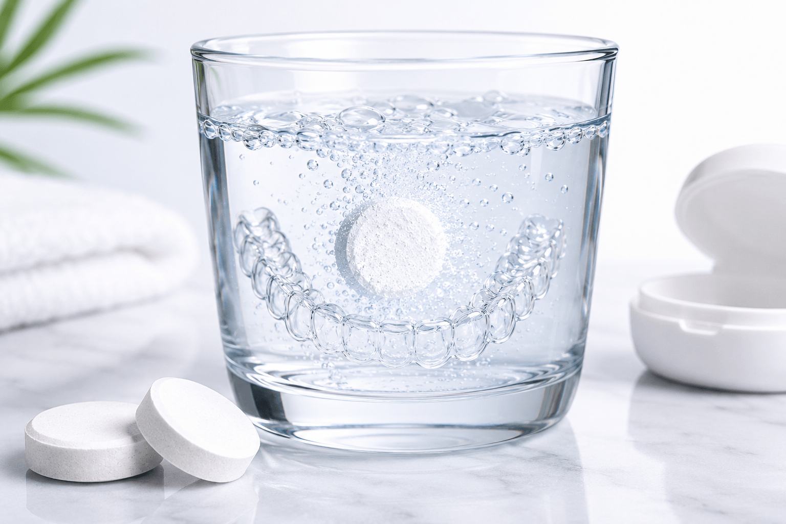 Dental retainer cleaning tablets for Invisalign aligners, night guards, mouth guards, and whitening trays with effervescent cleaning action by LaserGlow.