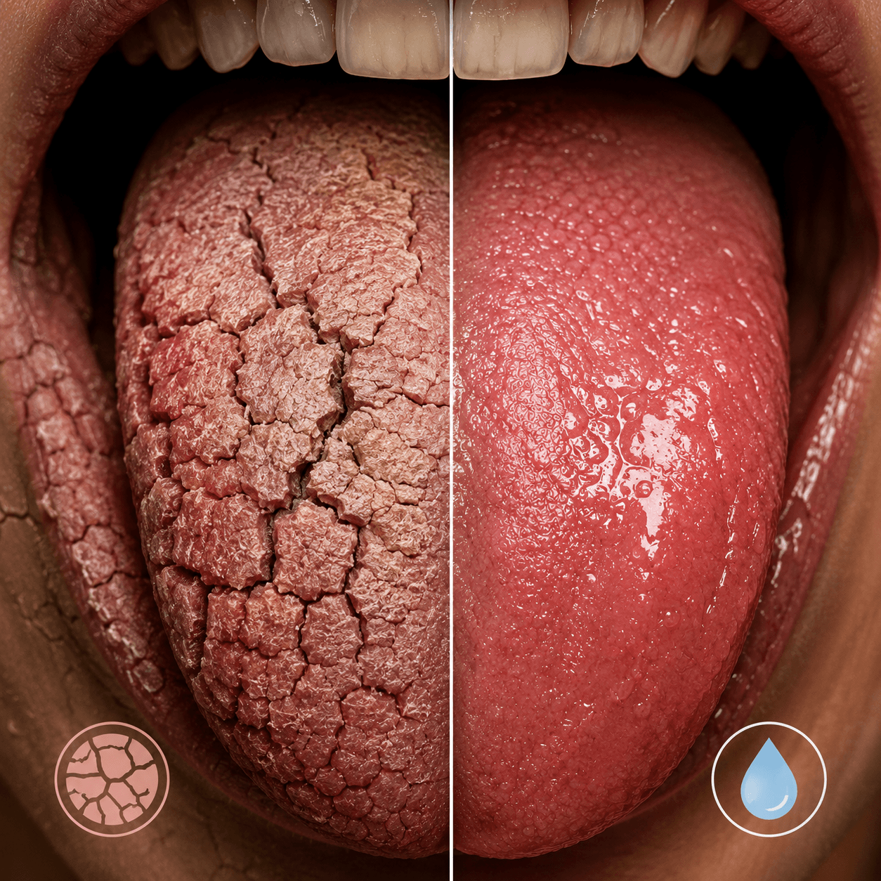 Split comparison image showing a severely dry cracked tongue beside a smooth hydrated tongue to illustrate dry mouth discomfort and moisture support