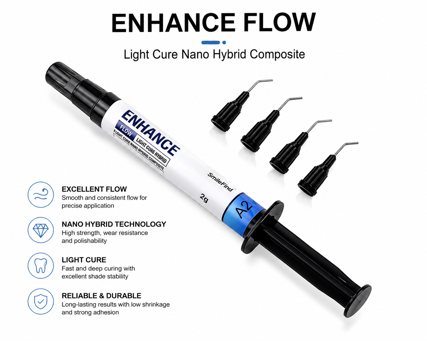 Enhance Flow light cure nano hybrid composite syringe with applicator tips for professional tooth gem adhesive application