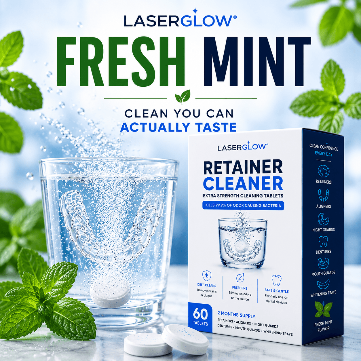 LaserGlow fresh mint retainer cleaner tablets shown with mint leaves, bubbling water, clear retainer, and 60 count cleaning tablet box.