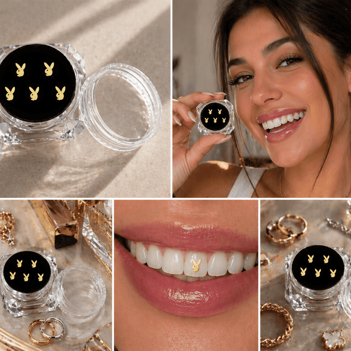 Gold and silver bunny tooth gems in a 5-piece set displayed in an acrylic case with lifestyle photos showing the gems on teeth and styled with gold and silver jewelry.