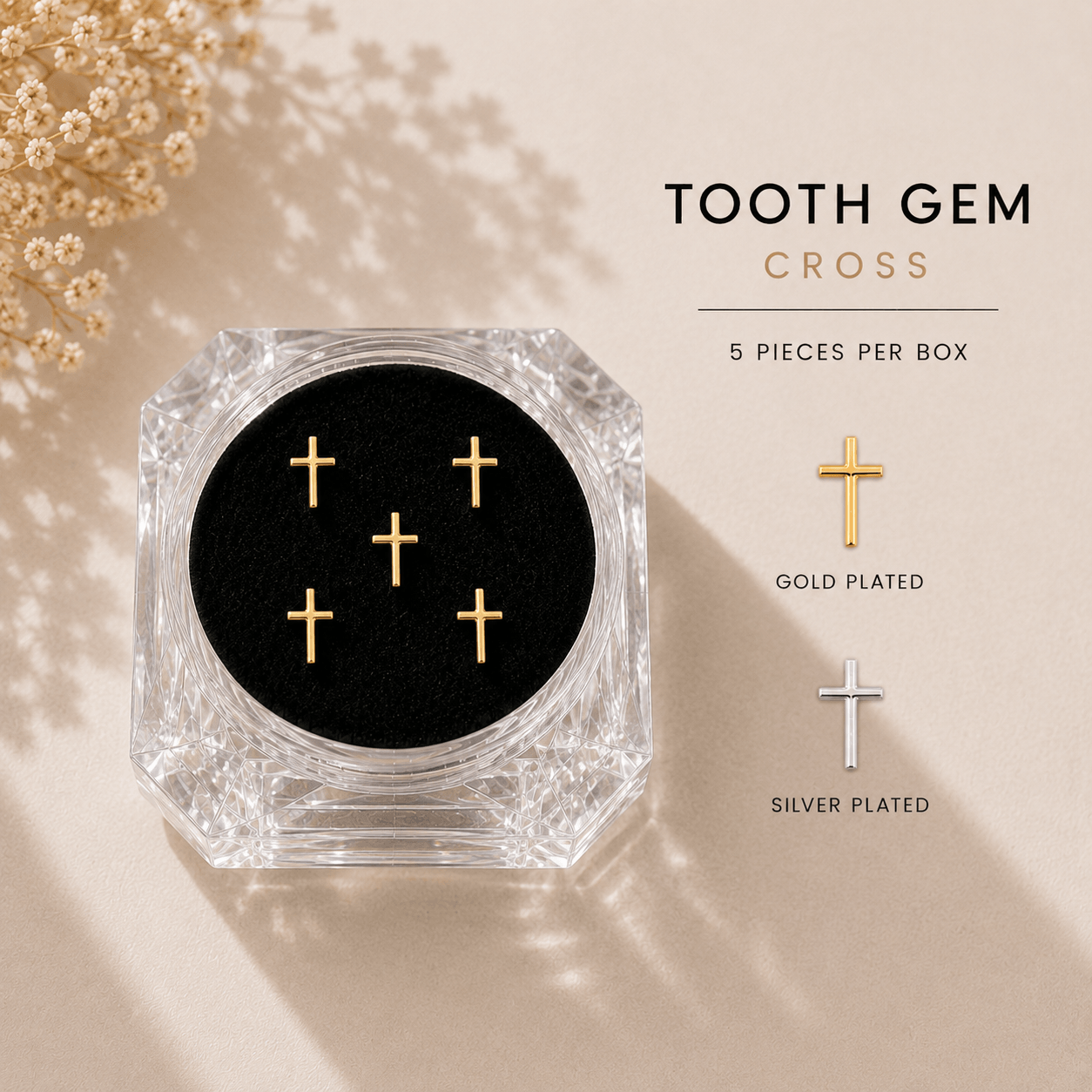 Gold and silver plated cross tooth gems in a 5 piece acrylic display box for professional tooth gem application