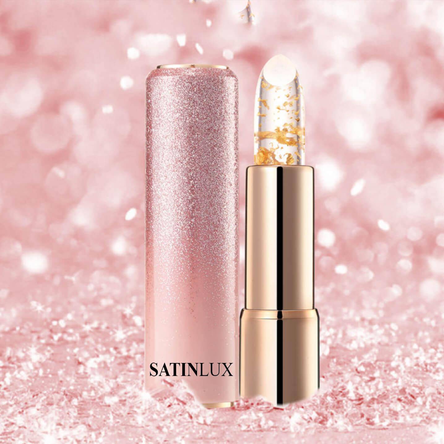 Hydrating LaserGlow Satin Lux lip balm with 24K gold and pH color enhancer for soft, shiny lips.