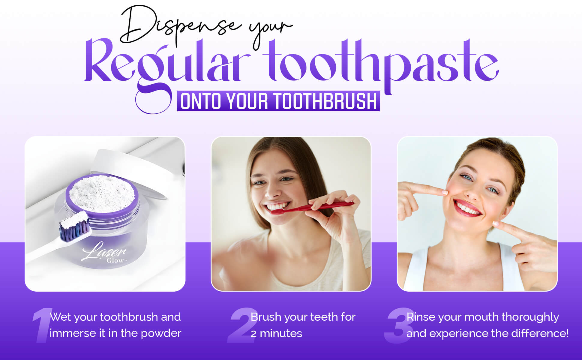How to use LaserGlow PAP+ Teeth Whitening Powder – apply with wet toothbrush and brush gently for enamel-safe whitening at home.