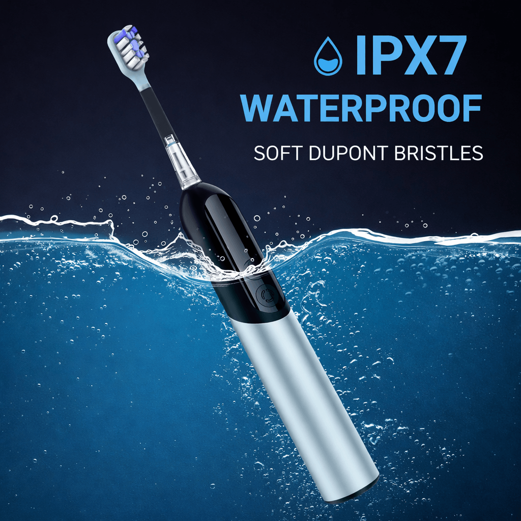 IPX7 waterproof sonic electric toothbrush with metal body and rechargeable design for bathroom use.