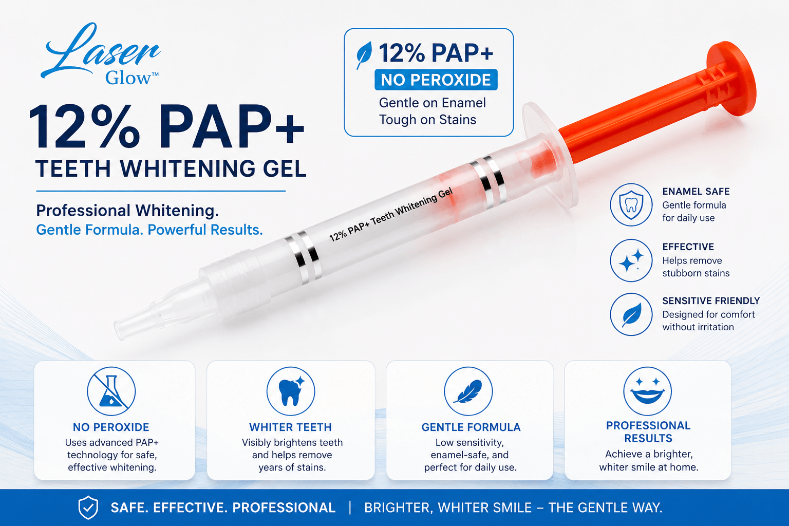 LaserGlow 12% PAP+ no peroxide teeth whitening gel with benefit cards for enamel-safe sensitive-friendly whitening