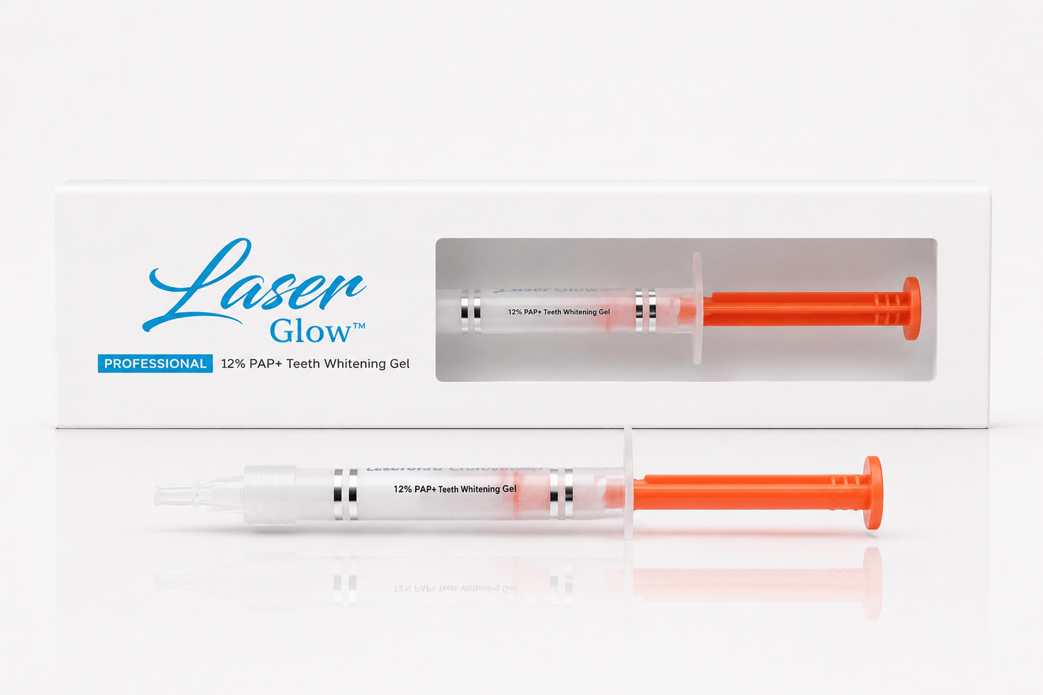 LaserGlow 12% PAP+ teeth whitening gel syringe in professional box for peroxide-free whitening