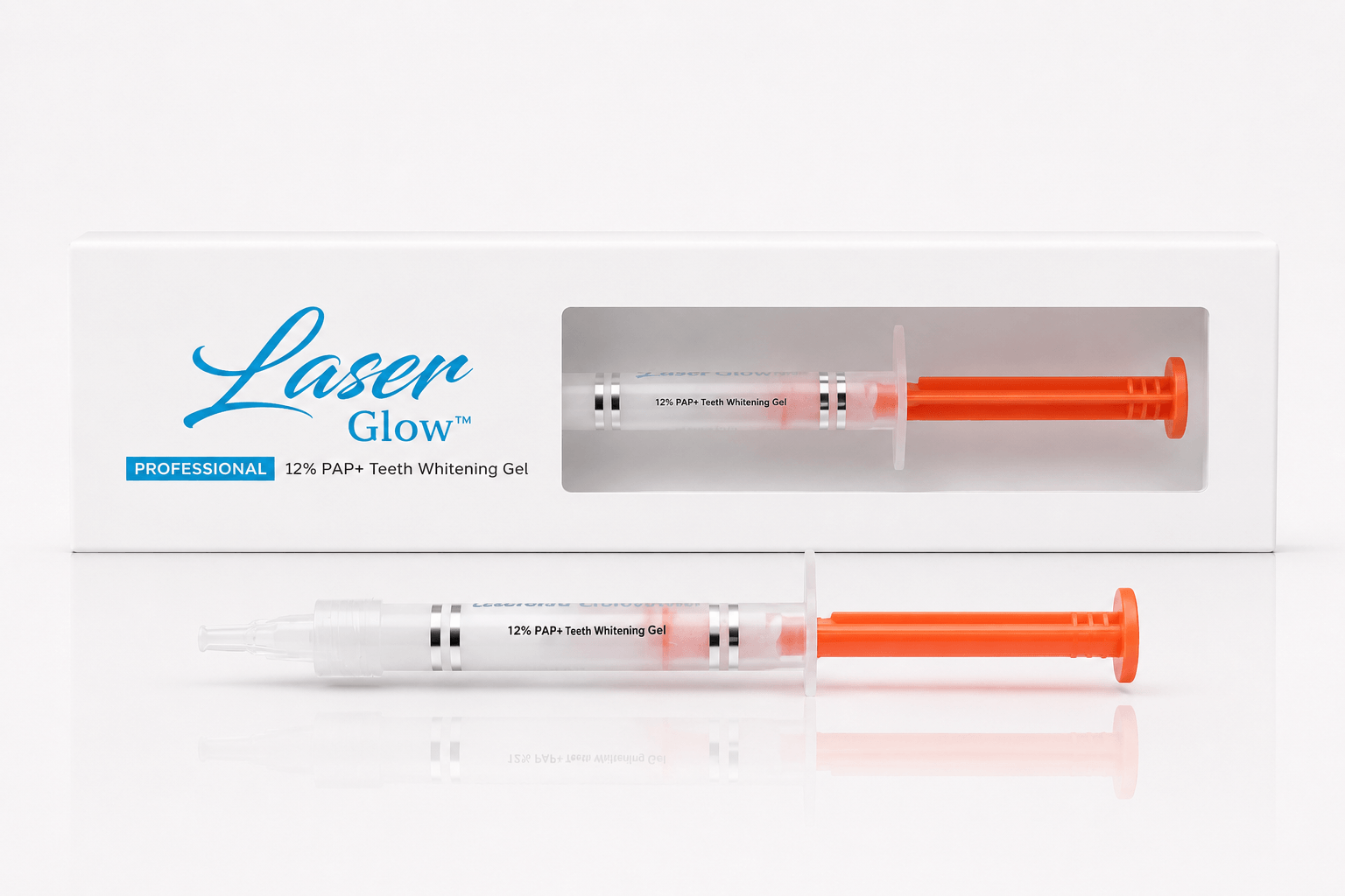 LaserGlow 12% PAP+ teeth whitening gel syringe in professional box for peroxide-free whitening