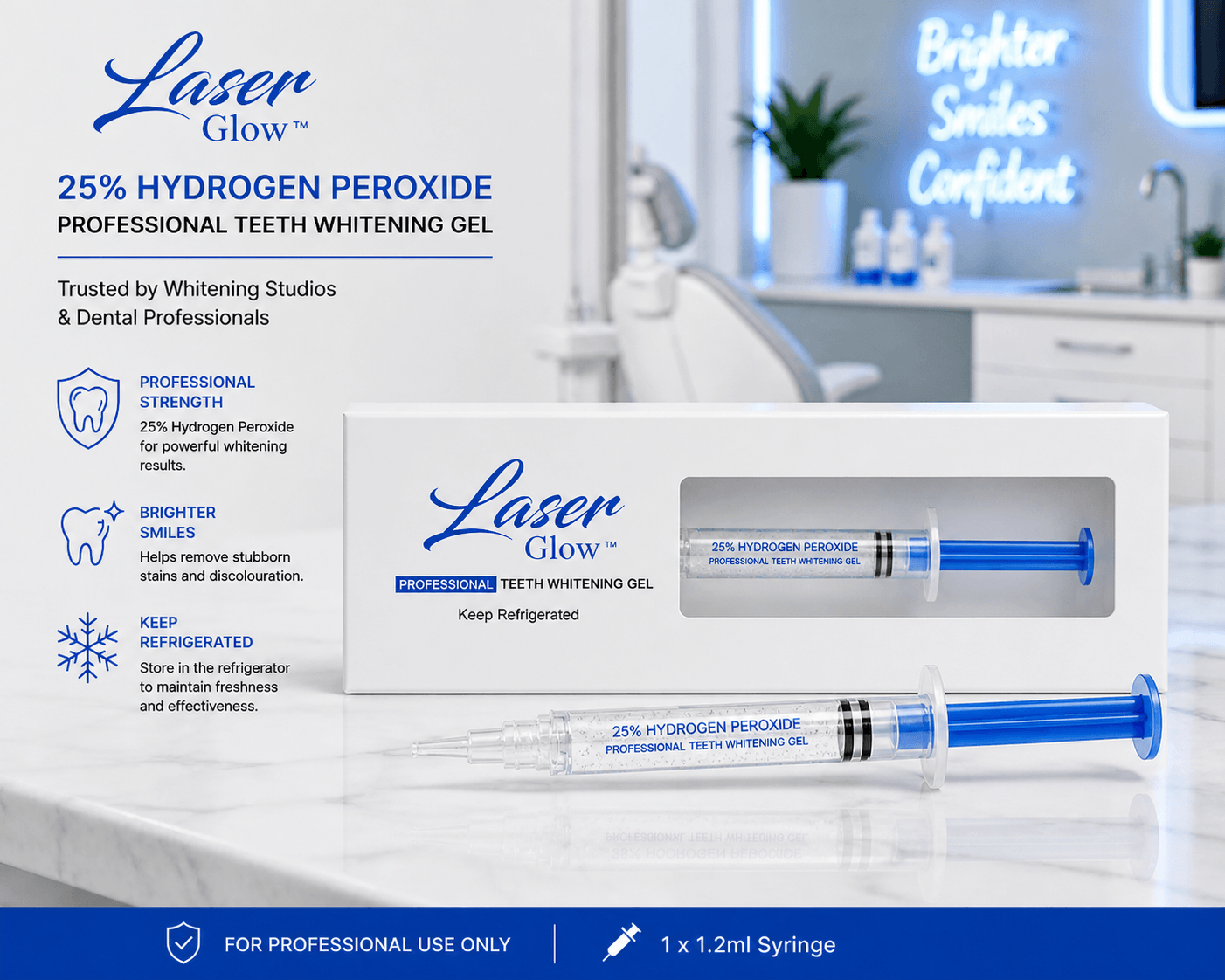 LaserGlow 25% hydrogen peroxide professional teeth whitening gel syringe with blue plunger and clear gel for whitening studios and dental professionals.