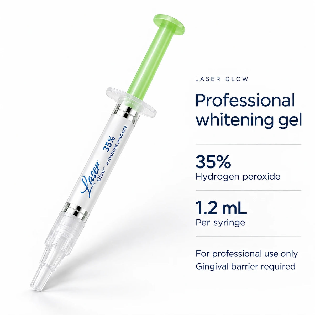 LaserGlow 35% hydrogen peroxide whitening gel, 1.2 mL per syringe. For professional use only; gingival barrier required.