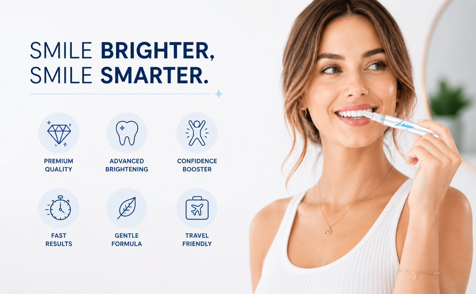 LaserGlow 44% carbamide peroxide whitening pen lifestyle image with model applying whitening gel for brighter smile touch-ups.
