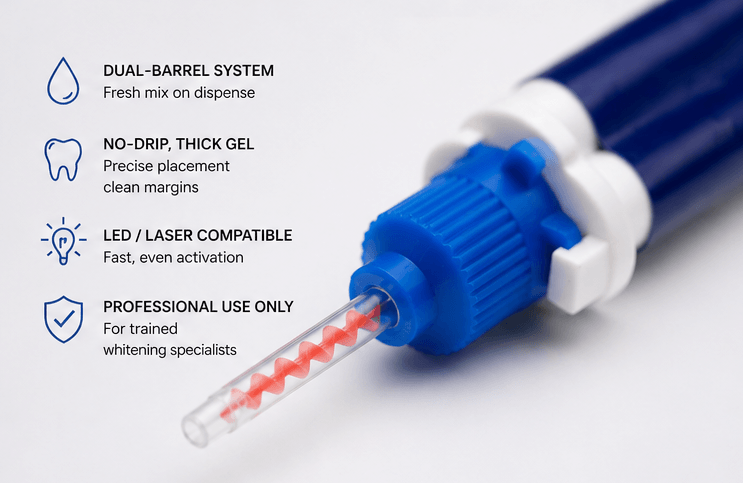 LaserGlow 44% hydrogen peroxide dual-barrel teeth whitening gel shown in professional dental product images with syringe, mixing tip, chairside application, and clinical feature callouts.
