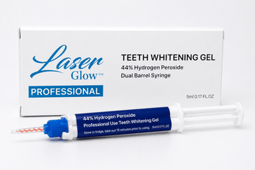 LaserGlow 44% hydrogen peroxide dual barrel teeth whitening gel syringe displayed with professional whitening gel box on white background.