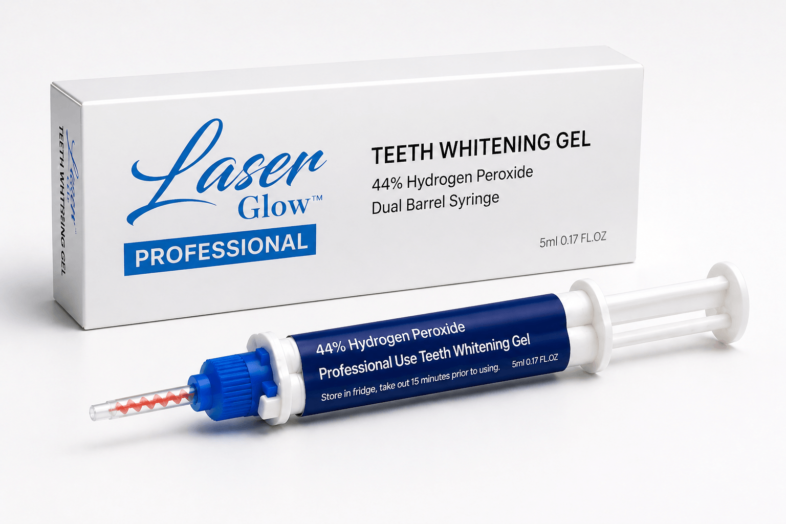 Side view of LaserGlow 44% hydrogen peroxide dual-barrel teeth whitening gel syringe with professional whitening gel box.