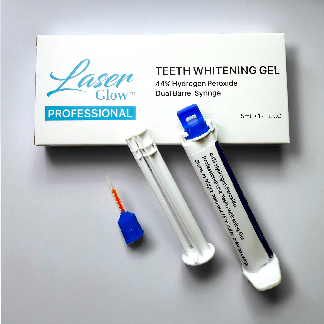 LaserGlow 44% hydrogen peroxide dual-barrel teeth whitening gel, professional in-office formula (front pack shot)