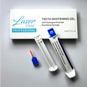 LaserGlow 44% hydrogen peroxide dual-barrel teeth whitening gel, professional in-office formula (front pack shot)