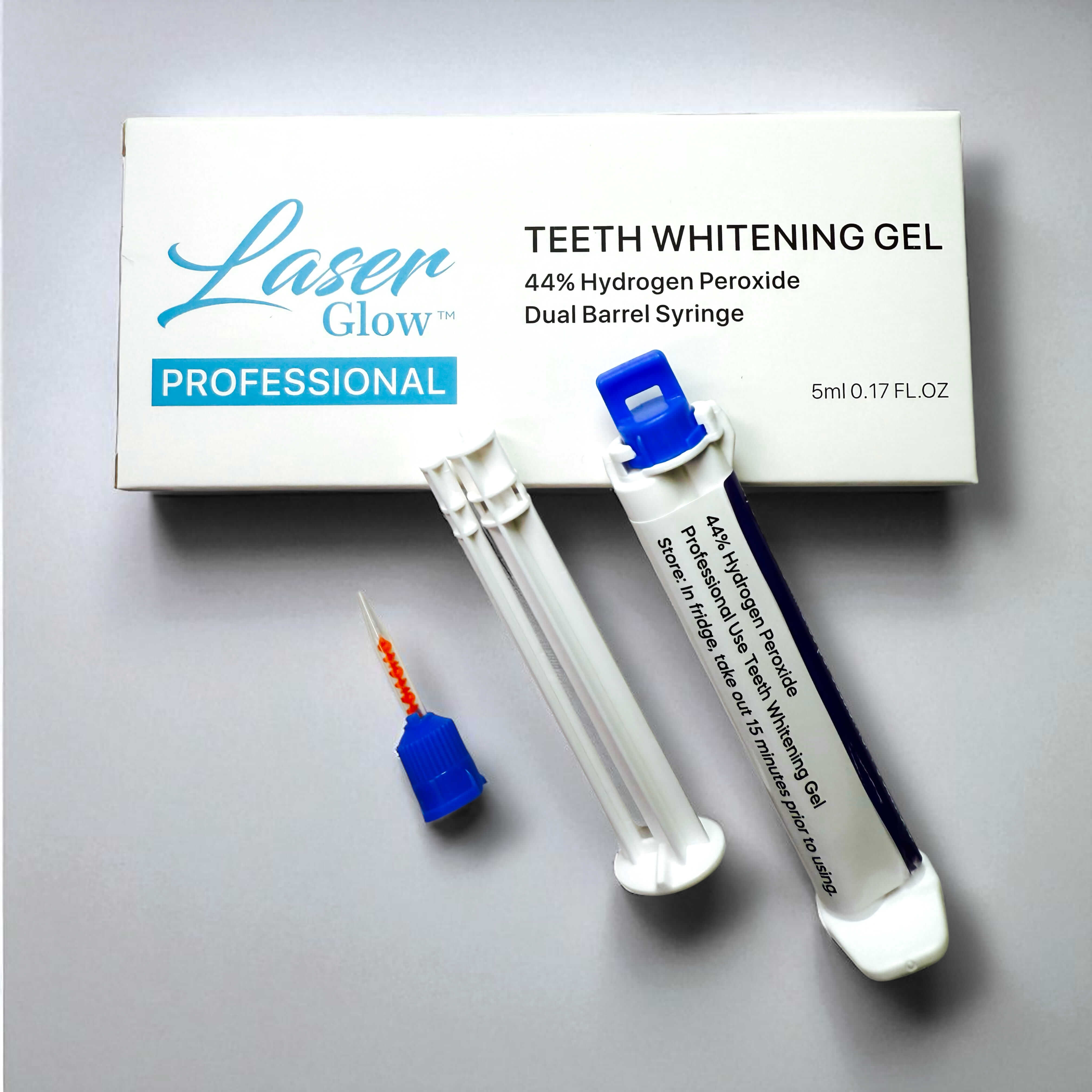 LaserGlow 44% hydrogen peroxide dual-barrel teeth whitening gel, professional in-office formula (front pack shot)