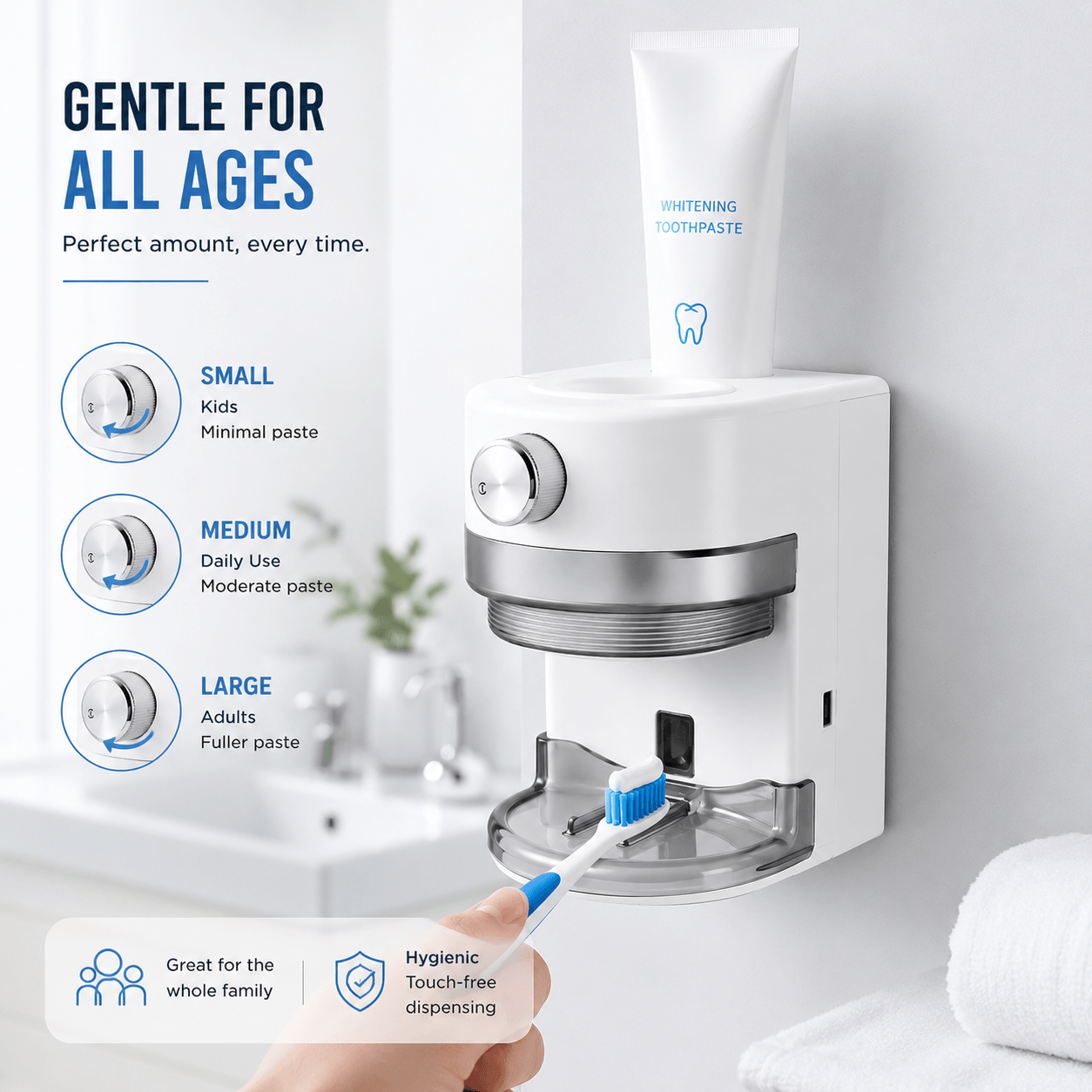 LaserGlow automatic toothpaste dispenser with 3 dispensing modes for kids and adults, touch-free toothpaste application, and family-friendly bathroom use
