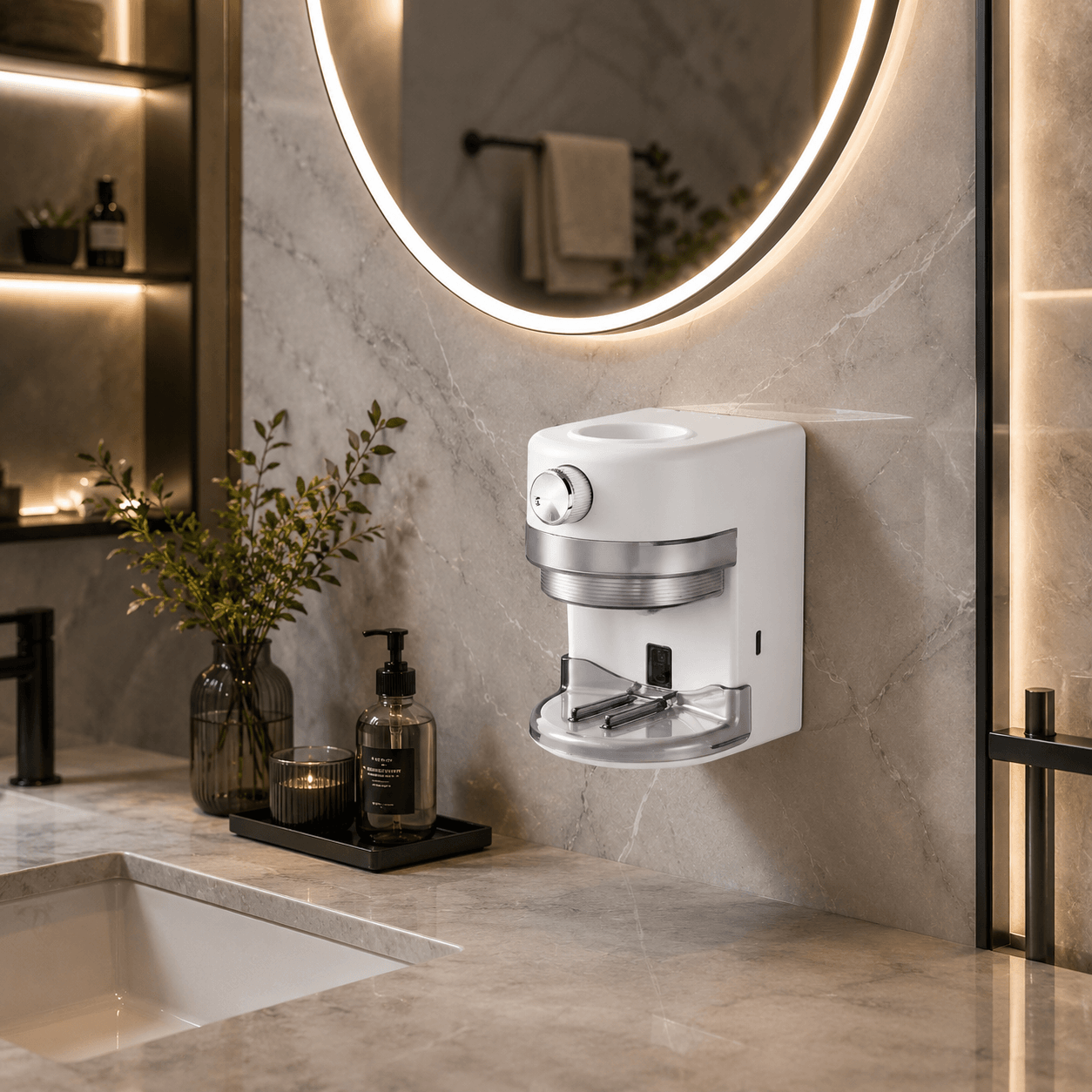 LaserGlow automatic toothpaste dispenser mounted in a luxury marble bathroom with LED mirror, rechargeable design, touch-free dispensing, and modern white finish