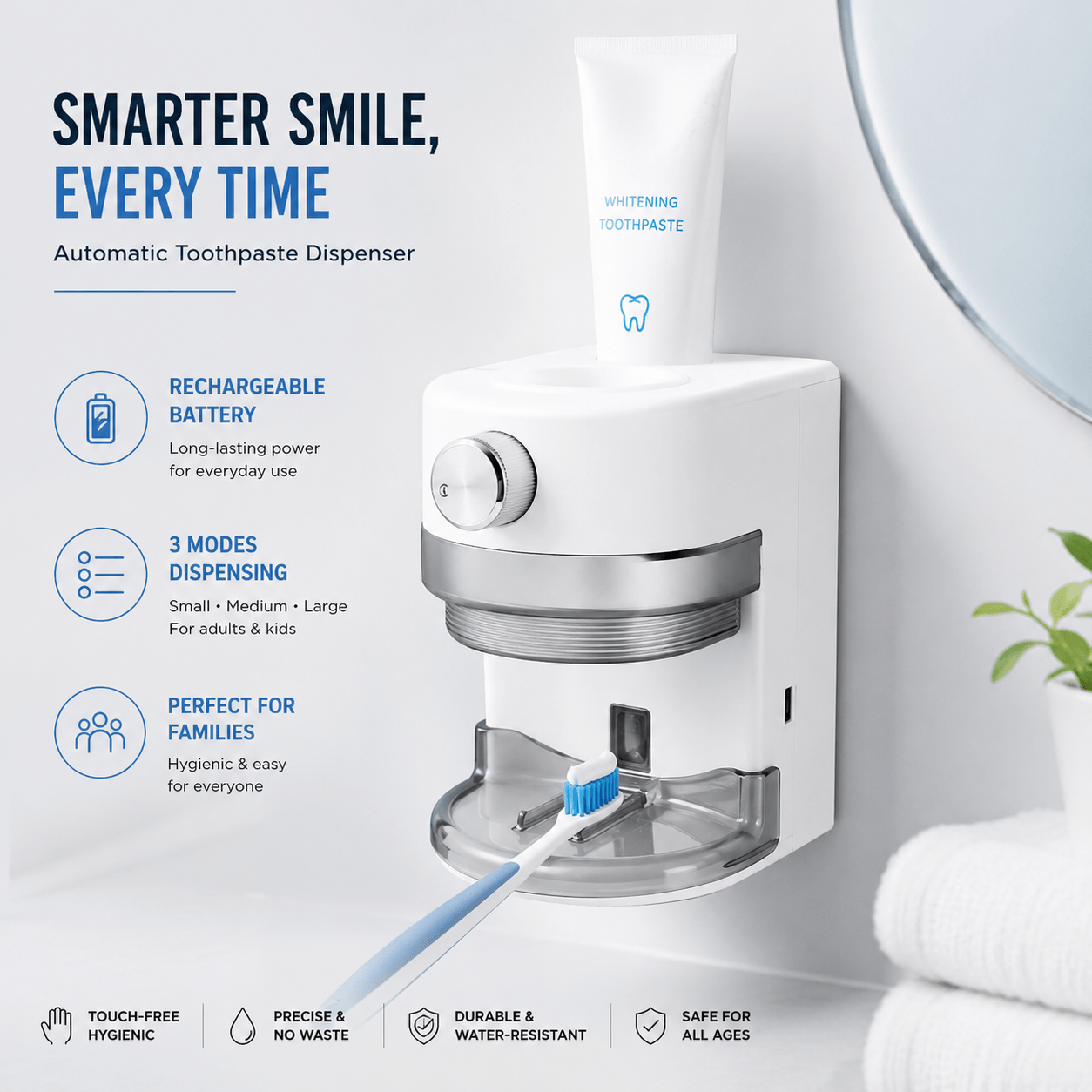 LaserGlow automatic toothpaste dispenser with rechargeable battery, 3 dispensing modes, touch-free operation, and family-friendly design for adults and kids