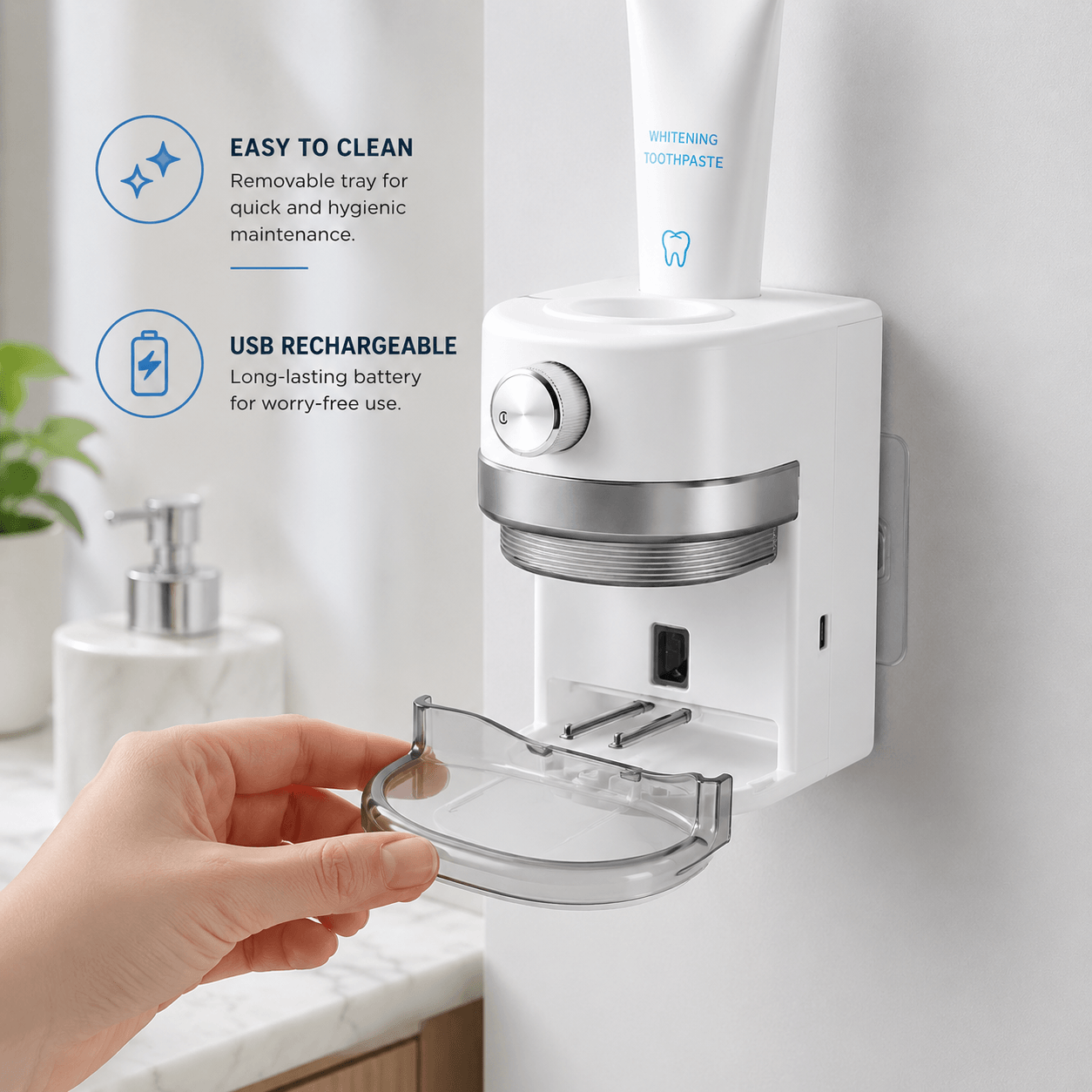 LaserGlow automatic toothpaste dispenser with removable tray for easy cleaning, USB rechargeable battery, and touch-free bathroom toothpaste dispensing