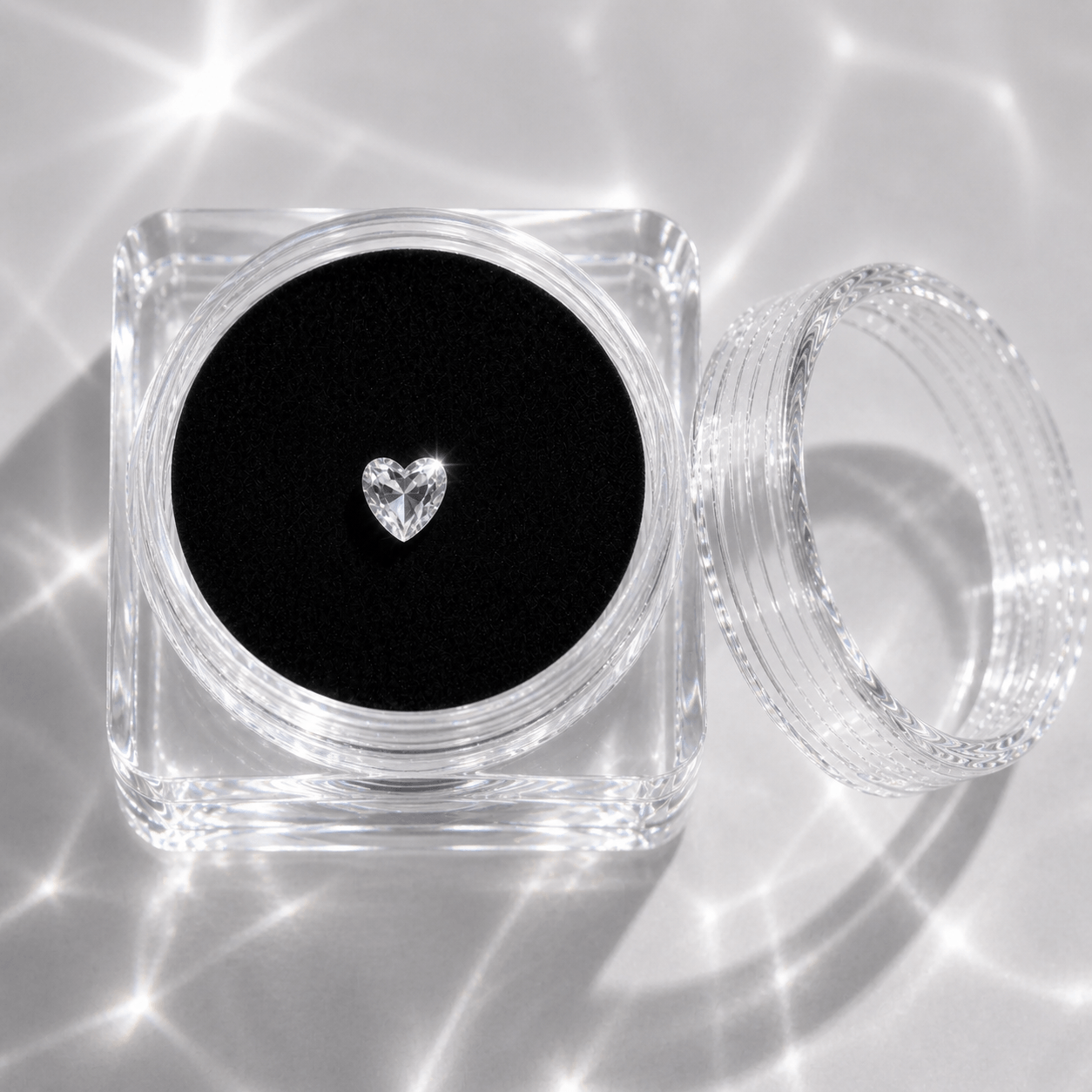 LaserGlow clear heart tooth gem in acrylic display case with black velvet insert, small smooth flat-back crystal for tooth jewelry placement