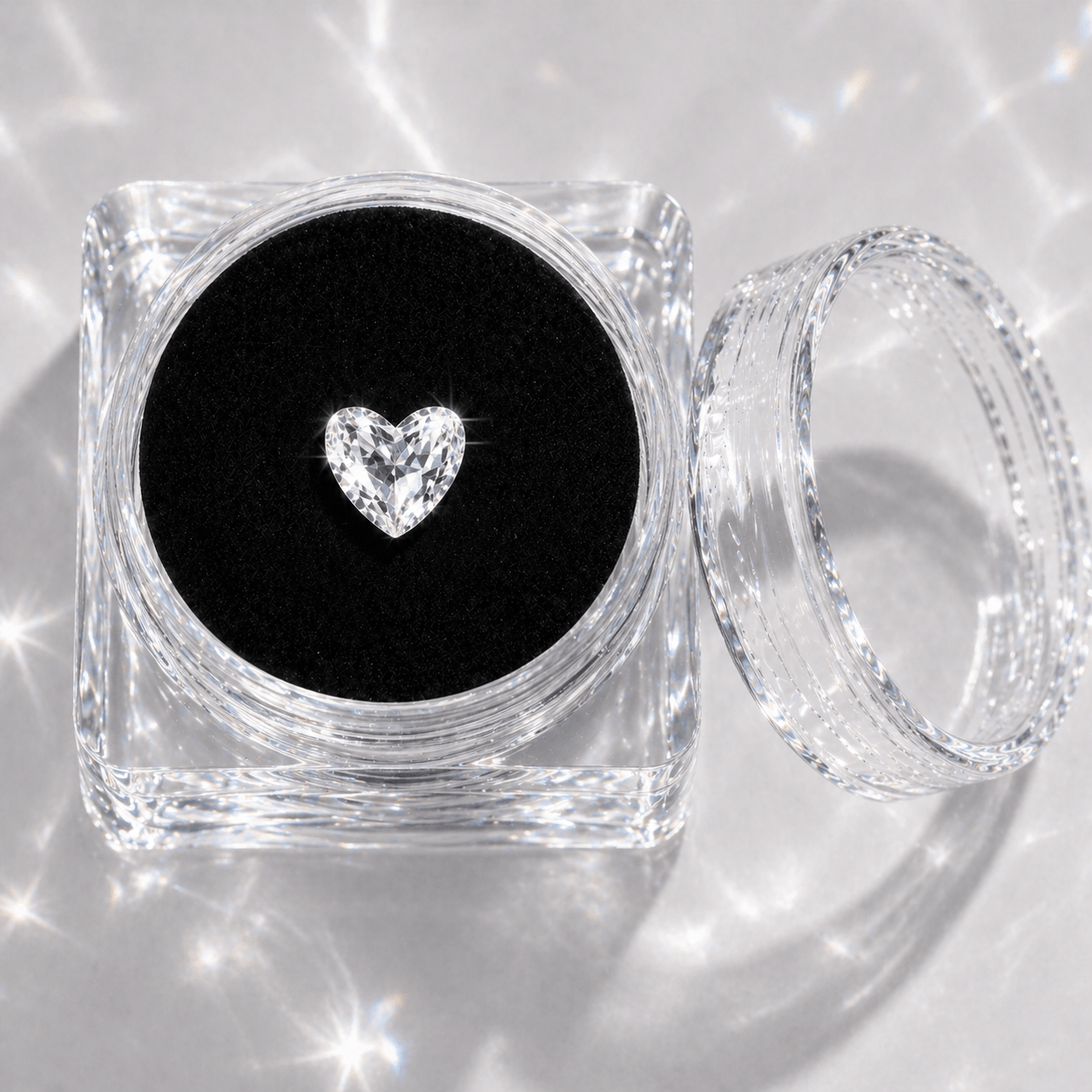 Clear container with a heart-shaped diamond on a reflective silver background