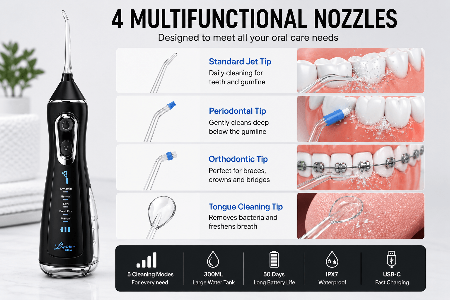 LaserGlow cordless water flosser with four multifunctional nozzle tips for daily cleaning, gumline care, braces, and tongue cleaning