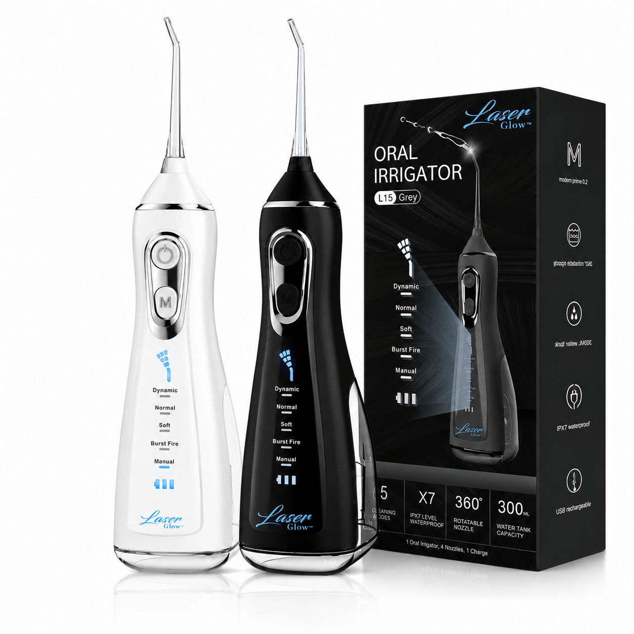LaserGlow cordless water flosser in black and white with product packaging for at-home oral irrigation