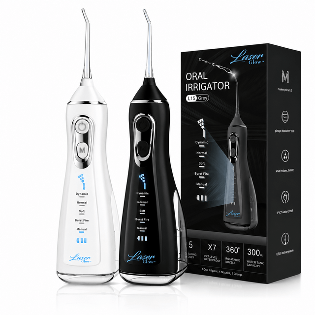 LaserGlow cordless water flosser for cleaning along veneer edges and the gumline