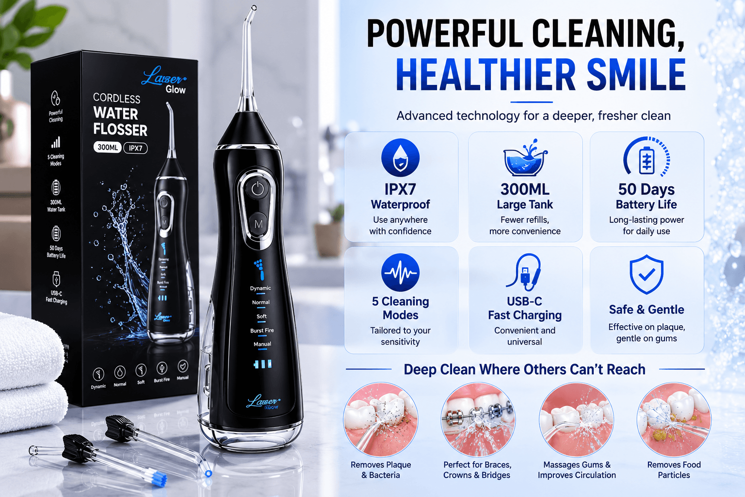 LaserGlow black cordless water flosser lifestyle image showing daily oral care, deep cleaning, plaque removal, fresher breath, and gentle gum care