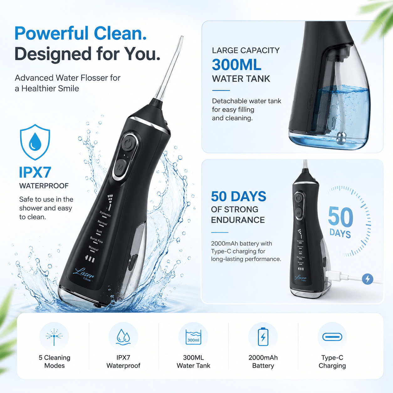 LaserGlow cordless water flosser with IPX7 waterproof design, 300ML water tank, 50-day battery life, and Type-C charging.