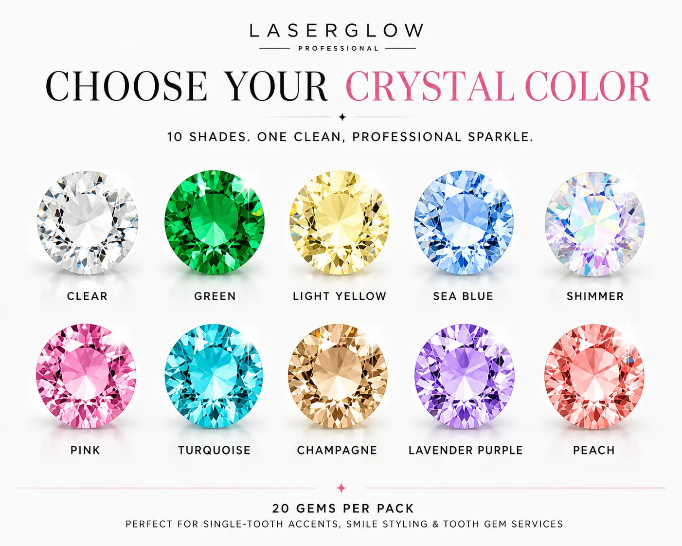 LaserGlow crystal tooth gems 20-pack shown in 10 reflective color options.