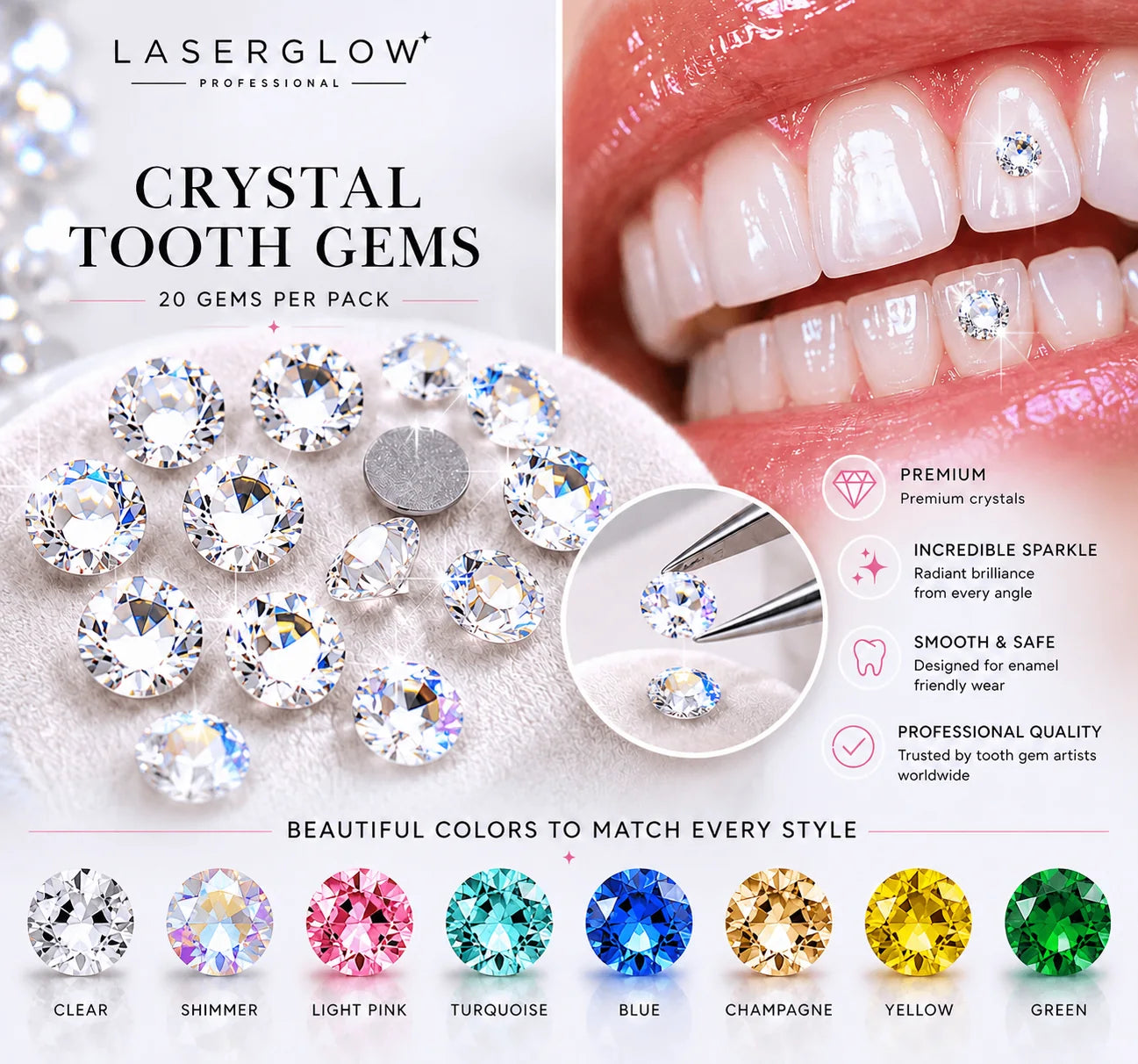 LaserGlow crystal tooth gems in multiple colors and sizes