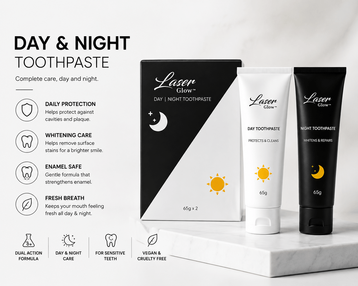  LaserGlow Day and Night Toothpaste set with box and tubes featuring daily protection, whitening care, enamel-safe support, fresh breath, and vegan cruelty-free benefits.