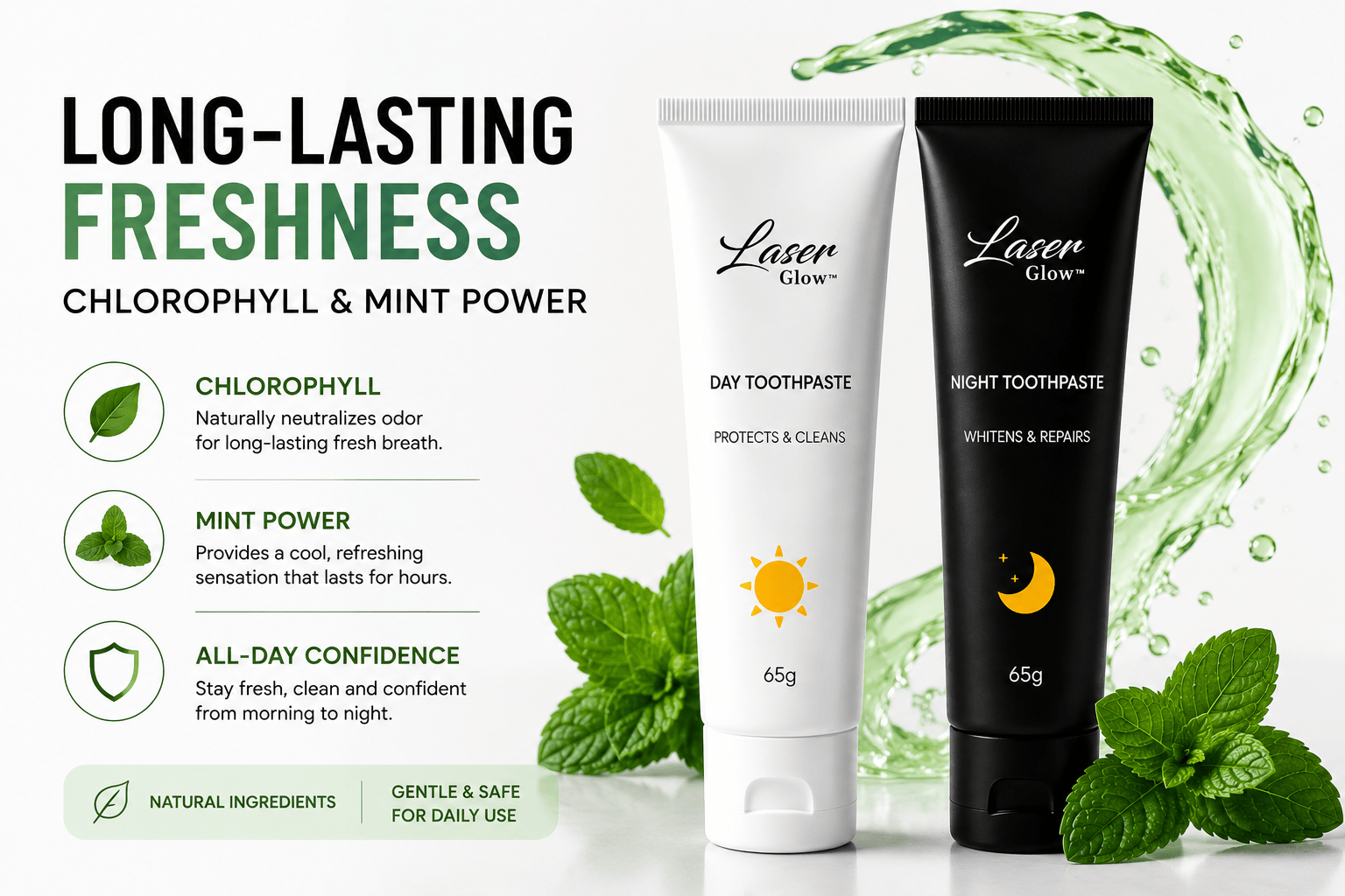 LaserGlow Day and Night Toothpaste with chlorophyll and mint power for long-lasting fresh breath, natural ingredients, and gentle daily oral care.