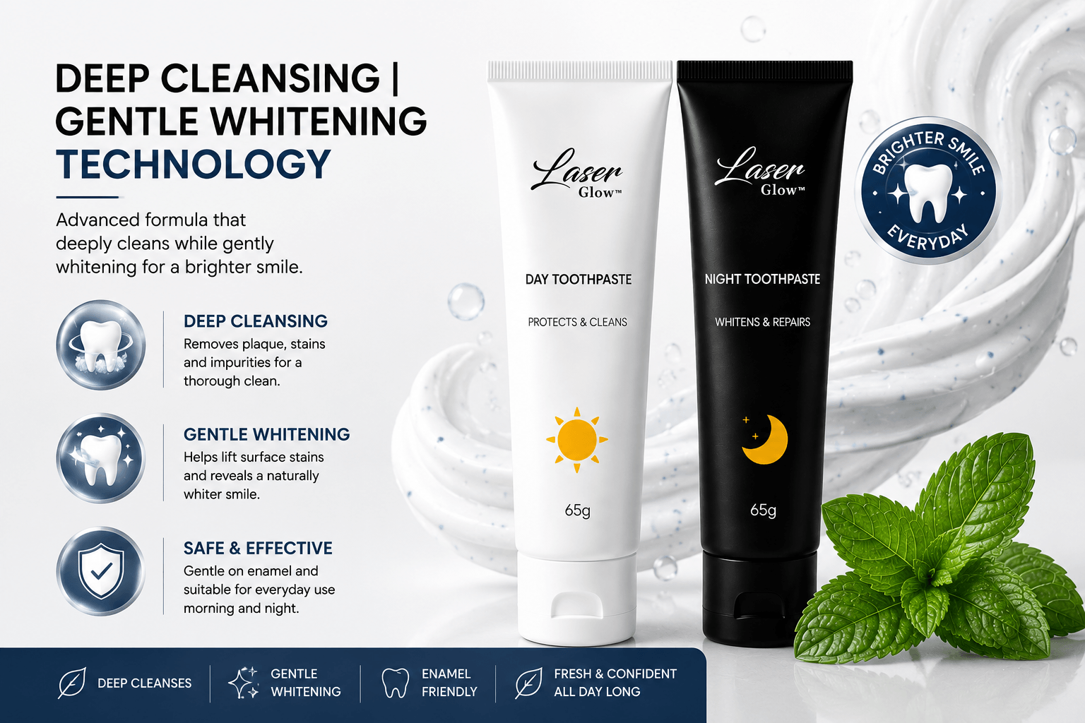 LaserGlow Day and Night Toothpaste with deep cleansing and gentle whitening technology for plaque removal, surface stain lifting, enamel-friendly care, and fresh breath.