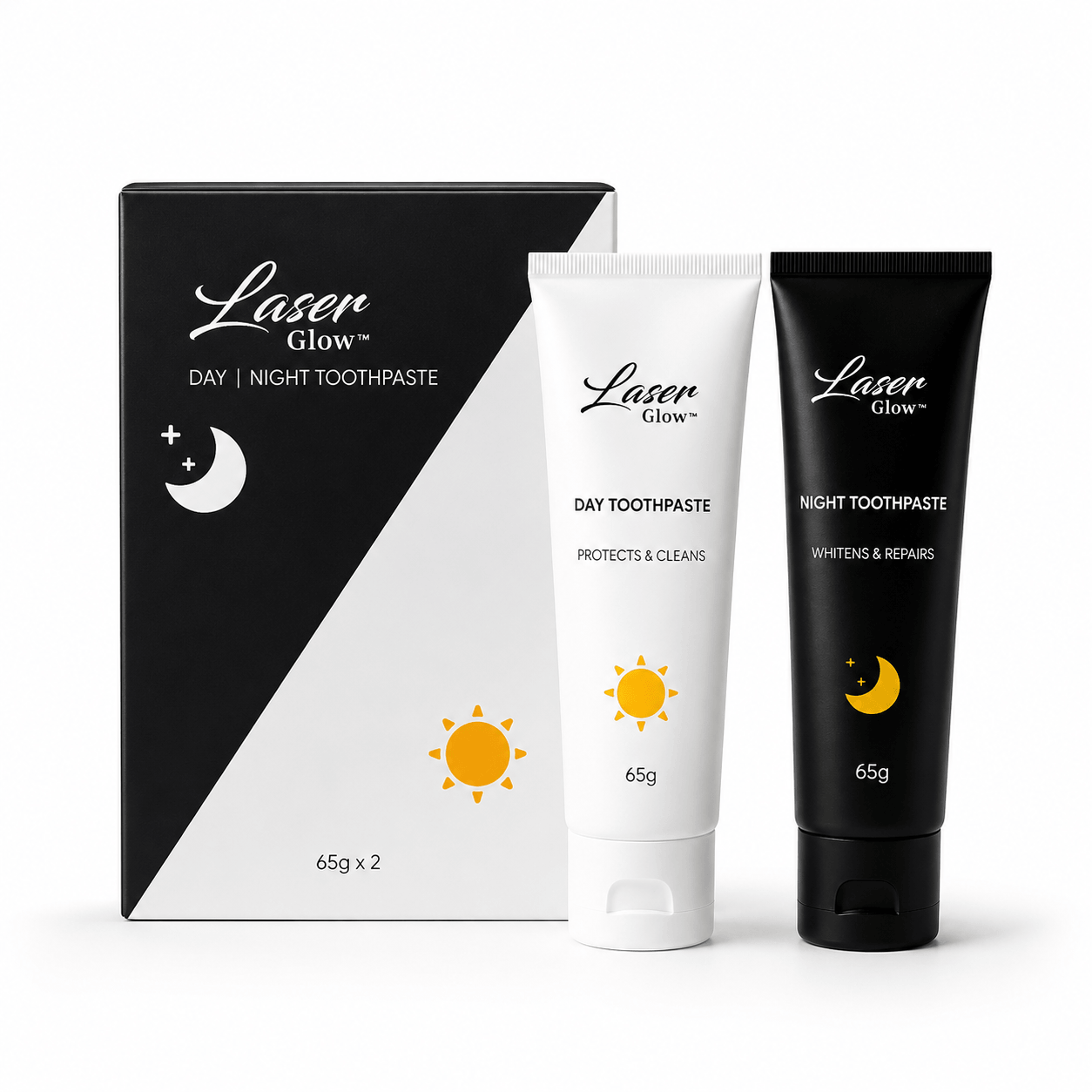 LaserGlow Day and Night Toothpaste set with black and white box packaging and two 65g day and night toothpaste tubes on a clean white Shopify product background.