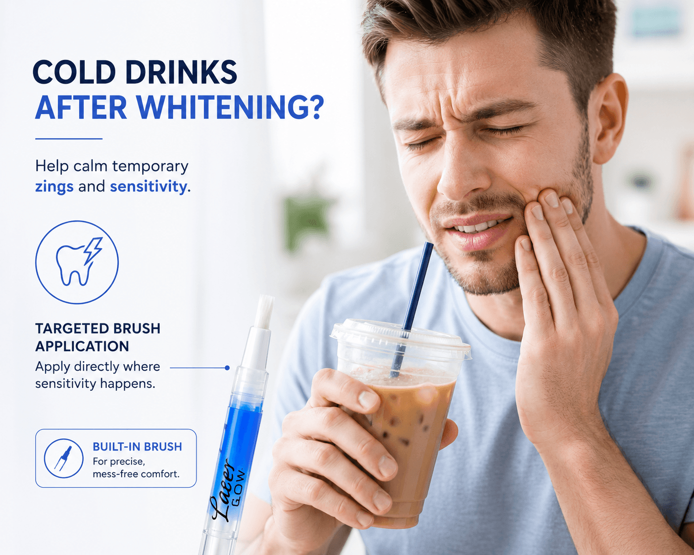 LaserGlow desensitizing gel pen for tooth sensitivity relief after whitening, helping calm temporary zings from cold drinks with targeted brush application