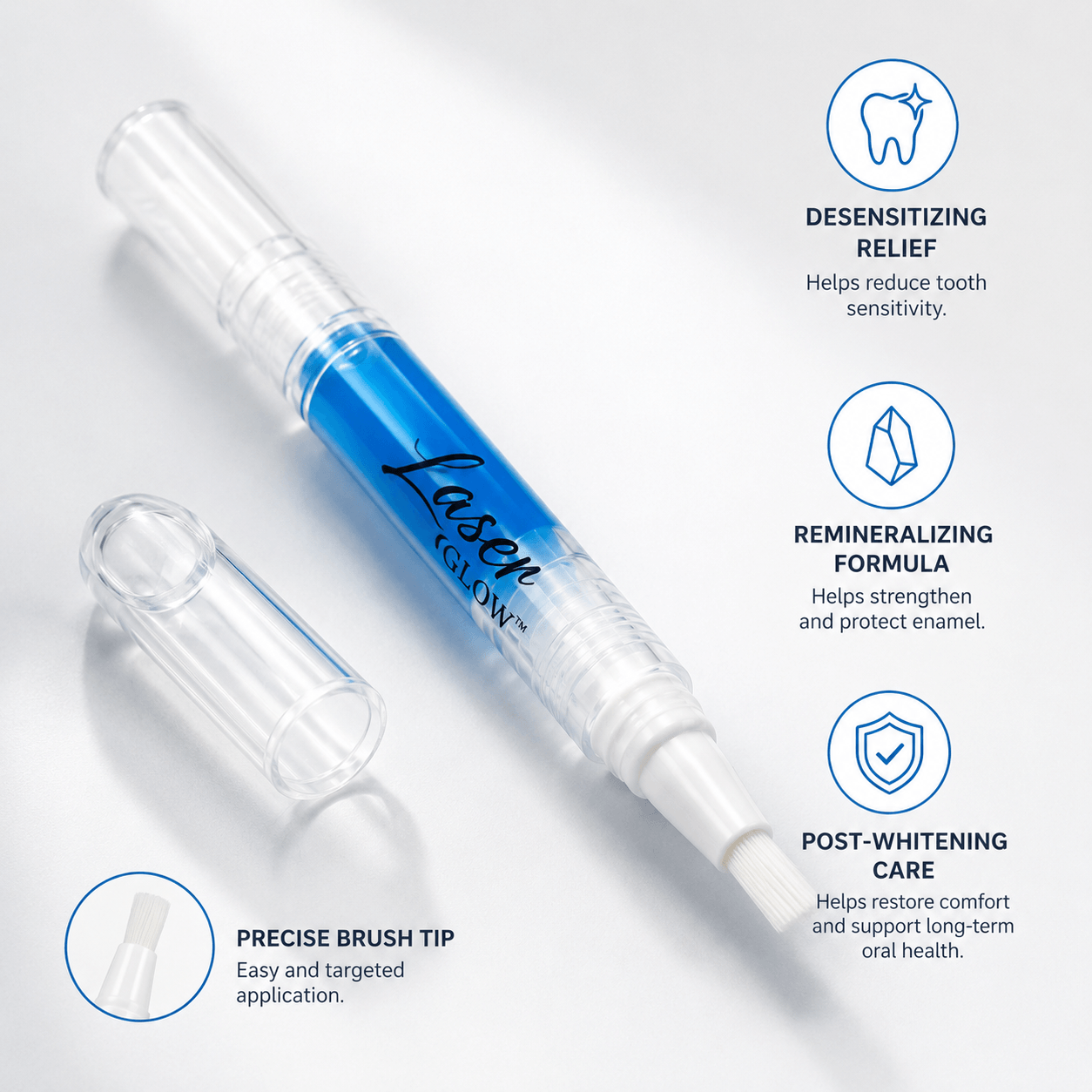LaserGlow desensitizing and remineralizing gel pen with precise brush tip for post-whitening care and tooth sensitivity relief