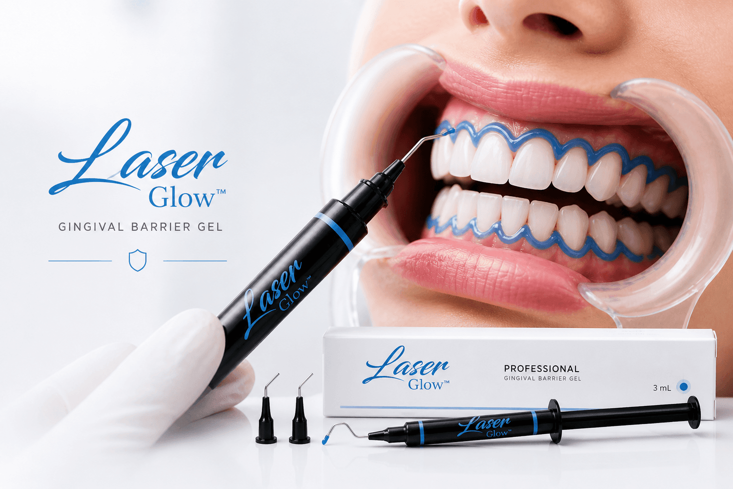 LaserGlow gingival barrier gel applied during professional teeth whitening to protect gums and soft tissue