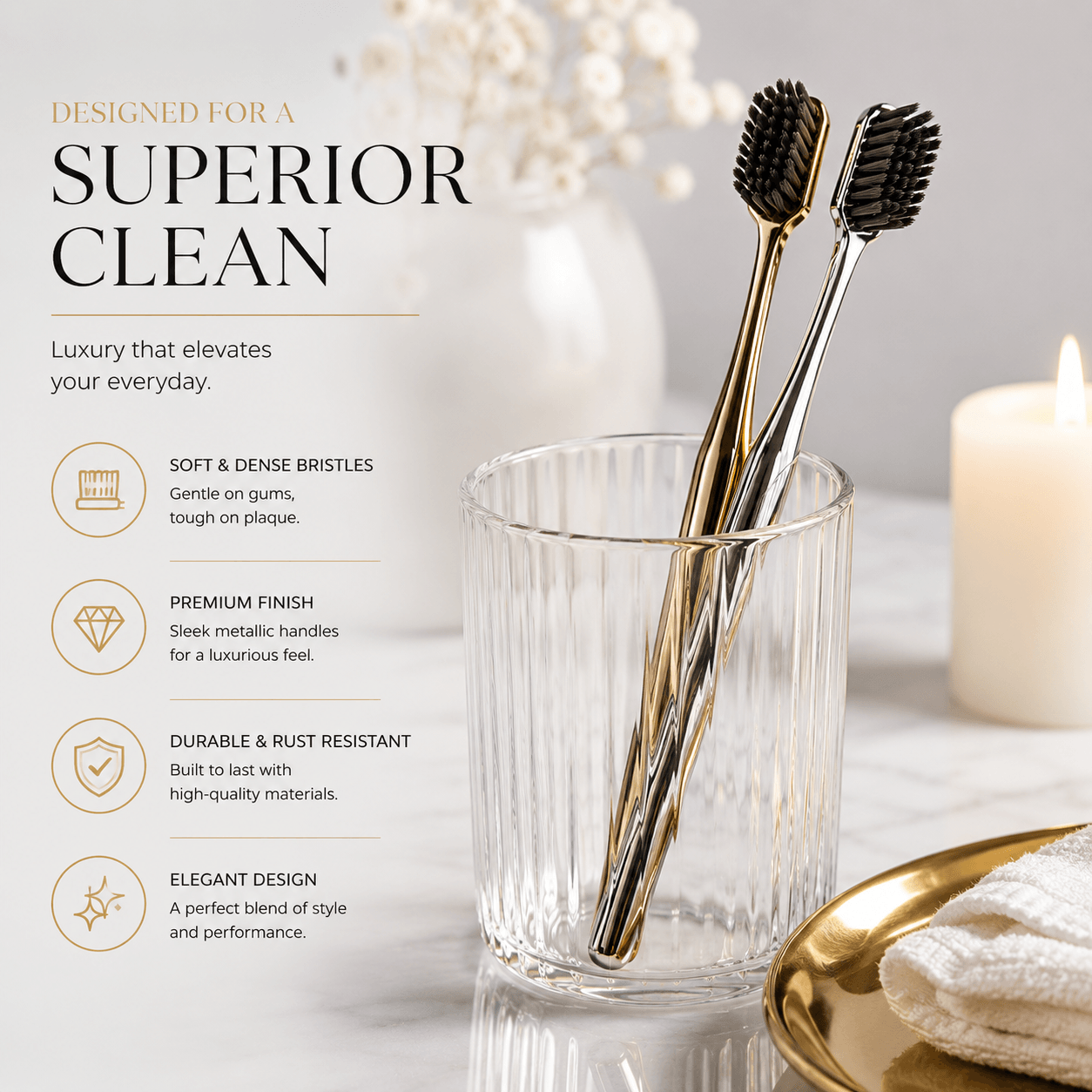 LaserGlow gold and silver soft bristle toothbrushes in a luxury bathroom setting with metallic handles, black bristles, and premium oral care design