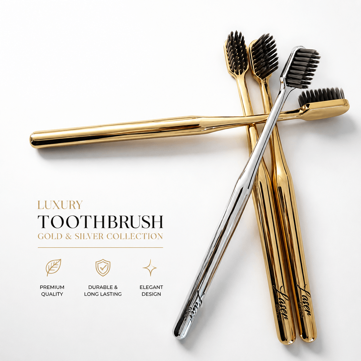 LaserGlow gold and silver soft bristle toothbrushes with metallic handles and black bristles for luxury oral care