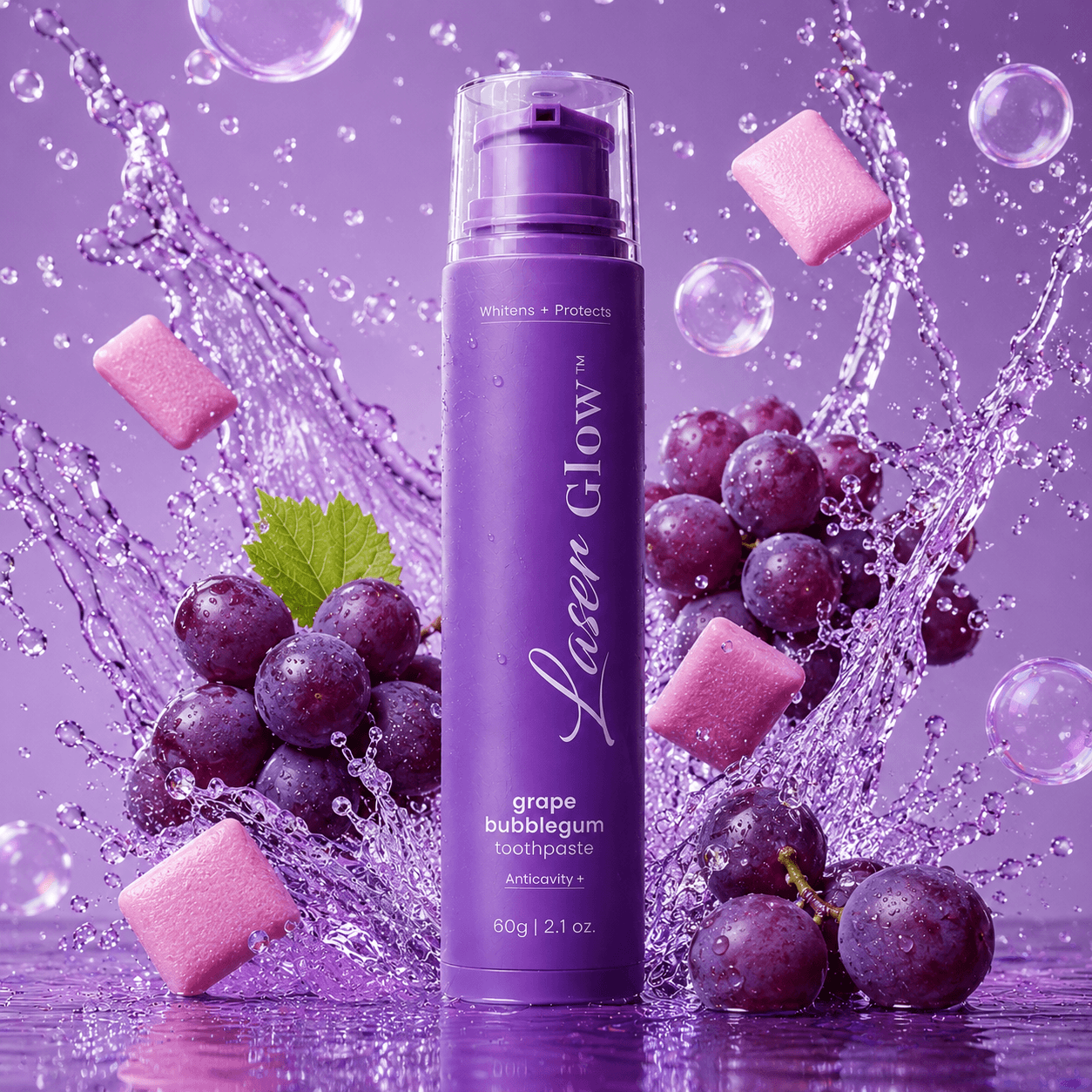 LaserGlow grape bubblegum toothpaste in purple packaging with grapes, bubblegum pieces, bubbles, and water splash background.