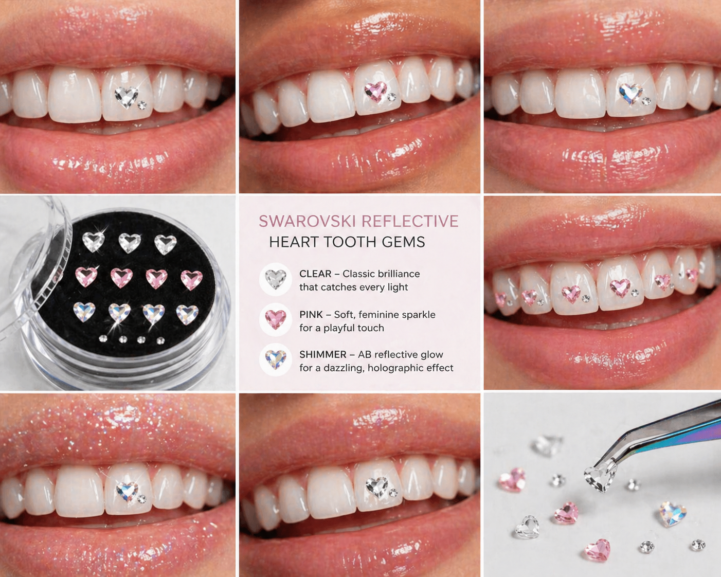 LaserGlow heart tooth gems in clear, pink, and shimmer reflective crystal finishes shown on teeth and in a display case