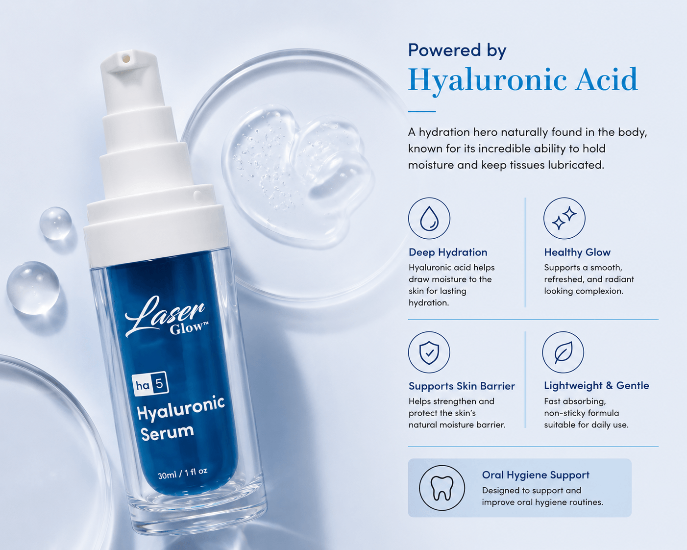 LaserGlow Hyaluronic Acid Serum gallery image showing hydration benefits, skin barrier support, lightweight formula, and oral hygiene support